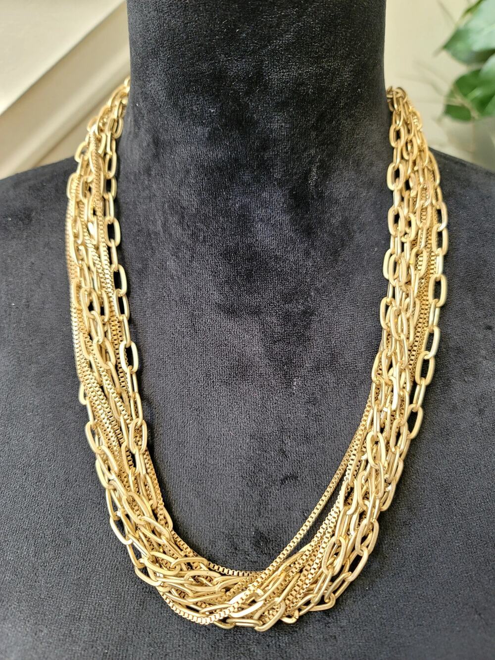 Gold Tone Multi-Strand Chain Necklace Layered Chunky Statement Collar Bib